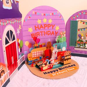 TEMU 1개 팝업 개 애호가 생일 축하 카드와 봉투 - 개 장면, 풍선, 선물 상자 및 '생일 축하' 배너가 있는 축제 파티 초대장, 개 테마의 축하 행사에 완벽한 개 선물