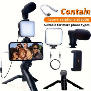 TEMU 아이폰 및 안드로이드용 1pc 트리포드 비디오 블로그 키트 - LED 라이트, 미니 샷건 마이크, 폰 홀더 및 배터리 구동 디자인, 배터리 모델, 배터리 포함되지 않음, 5가지 사용 시나리오에 적합, 야외 라이브 방송, 비디오 통화 및 비디오 블로그 등