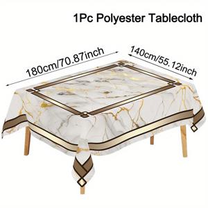 TEMU 1개 우아한 대리석 폴리에스터 테이블보 - 화이트 & 그레이 대리석 질감과 골드 액센트, 홈 & 주방 장식용 기계 제작 - 휴일, 파티, 봄 & 여름에 완벽함, 실내외 사용 가능, 금색 디자인 | 매끈한 마무리 원단