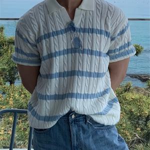 TEMU 남성용 연한 파랑 & 하얀색 줄무늬 셔츠 - 통기성 좋은 여름 니트, 사무실 및 비즈니스 캐주얼 착용, 학교, 휴가, 데이트 나이트 액세서리 | 클래식 해양 스타일 | 질감 있는 니트웨어|오피스룩