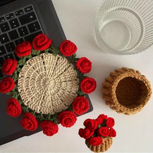TEMU 1개 크로셰 테이프 코스터, DIY 핸드메이드 빈티지 크로셰 장미 부케 재료 팩, 소프트 니트 장식 코스터 어머니날 생일 홈 선물