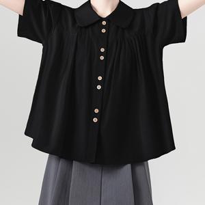 TEMU 여성용 캐주얼 여름 블라우스 - 여유로운 핏, 반팔, 금색 버튼, 주말 의상에 이상적, 캐주얼 여름 상의|여유로운 핏 셔츠|싱글 브레스트 플랙, 여성용 여름 의류|블라우스|반팔셔츠|여름블라우스