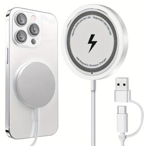 TEMU 15W 고속 무선 충전기 + 자석 휴대폰 홀더 - USB-C 케이블 포함, 아이폰 16/15/14/12 Pro Max용 컴팩트 & 휴대용 디자인, 과열 보호 기능, 슬림한 블랙 마감, 다중 기기 호환 | 휴대용 충전기