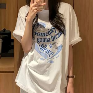 TEMU 여성용 캐주얼 반팔 티셔츠 - 부드러운 통기성 폴리에스터, 하늘색 글자 프린트, 라운드 넥 레귤러 핏 봄/여름 캐주얼 의상, 여름 옷장, 그래픽 프린트, 가벼운 소재, 프린티드 셔츠, 여성용, 따뜻한 날씨 의류, 트렌디 탑, 내구성 있는 원단, 베이직 티, 패션 애호가|반팔티|반팔셔츠