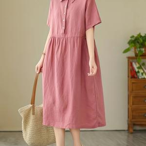 TEMU 2025 신상 여성용 일본풍 폴리에스터 드레스 - 우아한 칼라 반팔 캐주얼 미디드 레이스 랜덤 프린트, 봄/여름용 가벼운 통기성 솔리드 컬러 기계 세탁 가능