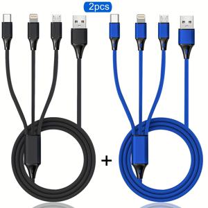 TEMU 2pcs 3-in-1 빠른 충전 케이블, 아이폰, Type-C, Micro USB 장치, 나일론 짠되지 않은 디자인, 아이폰 14/13/12/11Pro Max/XS/XR/8/7/6, 삼성, Xiaomi, Oppo, Vivo, Redmi 및 기타 스마트폰을위한