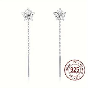TEMU 0.6g S925 순수 은색 저알레르기 반짝이는 합성 지르코니아와 큐빅 지르코니아 펜던트가 결합된 긴 체인 스레드 우아한 귀걸이