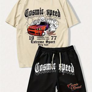 TEMU Cosmic Speed ​​Letter 자동차 그래픽 프린트 남성용 2개 의상, 크루넥 반소매 티셔츠 & 드로스트링 반바지 여름용, 캐주얼 편안한 다용도 공동 세트 야외 스포츠 및 해변 휴가용