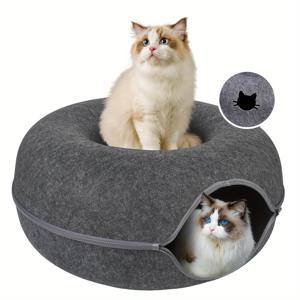 TEMU 편안한 울 펠트 고양이 터널 침대 - 다용도 실내 고양이 둥지, 회색 접이식 디자인과 지퍼 분할로 쉬운 청소, 놀이, 소파 또는 침대 사용에 완벽, 다용도 고양이 둥지 | 플러시 고양이 소파 | 접이식 애완동물 침대, 고양이 침대