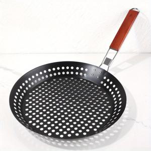 TEMU 1pc 캐스트 아이언 라운드 그릴 팬 - 접이식 핸들, 야외 요리용 비스듬한 바베큐 그릴, 균일한 열 분배, 내구성 및 청소 용이, 고기, 야채 등 그릴에 적합, 그릴 액세서리