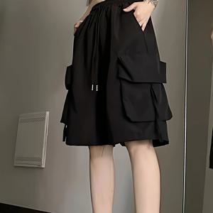 TEMU 여성용 Y2K 여름 캐주얼 블랙 카고 반바지 - 신축성 있는 허리 & 드로스트링 - 와이드 레그 디자인, 다수의 포켓, 편안한 드로스트링 허리밴드, 캐주얼한 의상에 적합, 일상적인 반바지 | Y2K 스타일 반바지 | 신축성 있는 허리밴드 반바지