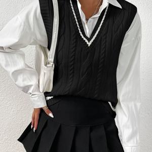 TEMU 여성용 스타일리시한 블랙 앤 화이트 베스트, V넥, 슬리브리스 풀오버, 가을과 겨울에 완벽한 캐주얼 의상, 가을 겨울 의류 | 스타일리시한 베스트 | 원단 베스트