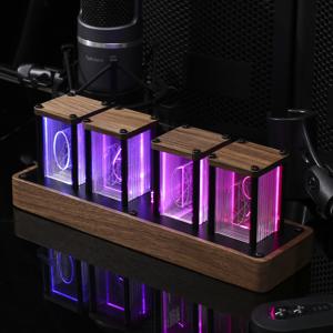 TEMU 디지털 튜브 레트로 모던 우드 클락 1600색상 RGB 풀컬러 LED 디지털 시계 DIY 데스크탑 클락 인테리어 장식용 (블랙 월넛)