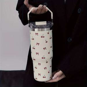 TEMU 1pc 튤립 시리즈 스테인레스 스틸 보온 컵, 900ml/33.44oz 대용량 재사용 가능한 물병, 손잡이와 빨대가 있는 이중 음료 뚜껑, 평평한 바닥, 손세척 전용
