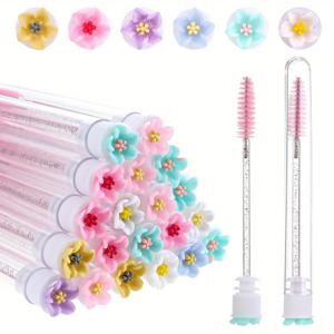 TEMU 10pcs 꽃 디자인 마스카라 완드 세트, 교체용 스푸리 브러시, 속눈썹 연장 애플리케이터, 폴리에스테르 솔, ABS 플라스틱 핸들, 무향, 일반 피부용 타원형 브러시 모양