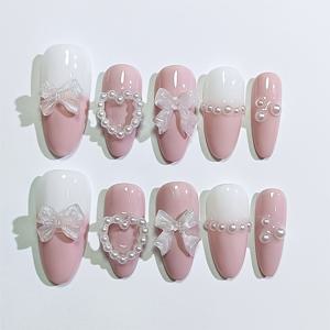 TEMU 10pcs 고급 핑크 러브 보우 핸드메이드 가짜 손톱, 귀여운 핑크 네일 패치 여성용