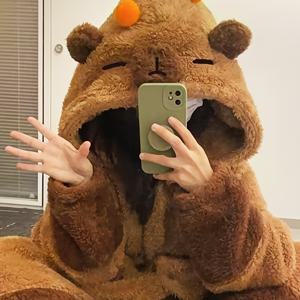 TEMU 여성용 귀여운 곰 후드 수면 가운 - 동물 귀와 오렌지색 악센트가 있는 플러시 양털 안감 겨울 라운지웨어, 성인용 포근한 후드 홈 로브