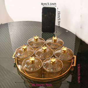 TEMU 7pcs 세트 골든 크라운 뚜껑 PS 플라스틱 식품 보관 용기 - 다목적, 주방, 식사용 밀봉 스낵 그릇 - 곡물, 과자, 빵, 식품 접촉 안전, 야외 결혼식, 파티, 선물, 생일을 위한 완벽한 선택