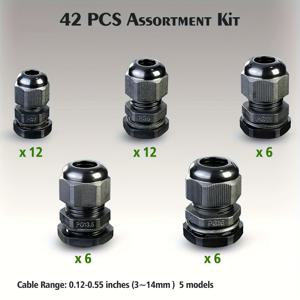 TEMU 42pcs 케이블 밀봉 부속 세트, IP68, 조절 가능한 3-14mm 나일론 NPT 와이어 밀봉 부속, 워셔 포함 (PG7, PG9, PG11, PG13.5, PG16)