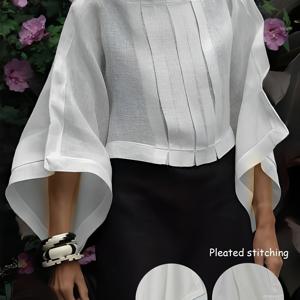 TEMU 우아한 루즈핏 보트넥 블라우스 - 3/4 소매 반투명 셔츠, 퍼프 숄더, 30% 리넨 70% 폴리에스터 혼방, 세탁기 사용 가능, 사계절 활용 가능한 여성용 탑|린넨