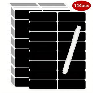 TEMU 1×3 인치 제거 가능한 검정 보드 라벨 144개, 방수 및 재사용 가능한 보관 라벨, 1개의 chalk marker 포함, 병, 마스턴 병, 파티, 공예실, 결혼식, 가게, 집, 주방에 적합합니다.