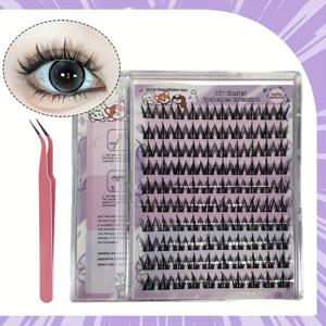 TEMU DIY 속눈썹 연장 키트, 집게 포함 - 클러스터, D 컬, 혼합 길이 (10mm-16mm), 부드럽고 푹신한, 재사용 가능, 초보자용, 인조 속눈썹 포함, 초보자 속눈썹 키트|볼륨감 있는 속눈썹|튼튼한 집게, 속눈썹 연장 용품