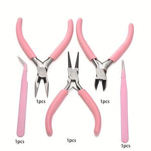 TEMU 5개 세트 주얼리 만들기 플라이어 및 핀셋 세트 - 핑크 & 블랙 핸들이 있는 다용도 DIY 공예 도구, 라운드 노즈, 니들 노즈 플라이어 & 핀셋 포함, 초보자 및 전문가용, 내구성 있는 철 합금 구조, 초보자 전문가 사용|인체공학적 디자인|편안한 그립 핸들, 주얼리 만들기 도구
