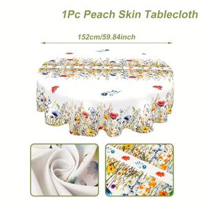 TEMU 1개 와일드플라워 복숭아 스킨 라운드 테이블보, 지름 59.84인치, 기계 제작 폴리에스터, 부활절 파티 장식, 결혼식, 생일, 베이비 샤워 및 기념일 축하 행사용 다용도, 생일 테이블 세팅 | 꽃 테마 장식 | 폴리에스터 테이블보, 꽃 테이블보