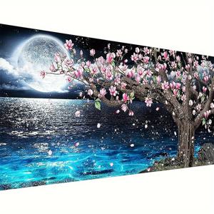 TEMU 5D 페인팅 키트, 대형, 무테, 50X100Cm/19.7X39.4Inch, 둥근 모양, 캔버스 소재, 아름다운 호수와 꽃 패턴, 수제 DIY 포함, 휴일 파티 장식, 침실 벽 예술, 사무실 및 거실