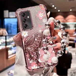 TEMU 진주 손목 스트랩 글리터 럭셔리 플라워 폰 홀더 케이스 갤럭시 A24 4G 24 충격 방지 스탠드 백커버