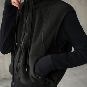 TEMU 여성용 솔리드 컬러 지퍼업 민소매 조끼 재킷 스탠드 칼라 & 끈조절 후드 - 사계절 캐주얼 아우터웨어, 가벼운 다용도 레이어링 피스, 편안한 착용감