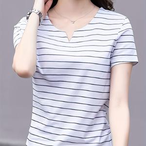 TEMU 여성용 캐주얼 우아한 티셔츠 - 화이트 & 그레이 가로 줄무늬, 중간 신축성, 세탁기 사용 가능, 레귤러 핏 봄/여름 탑, 레이디스 티셔츠, 클래식 패턴, 편안한 스트레치 원단, 스프링 패션, 통기성 소재, 베이직 티, 캐주얼 착용