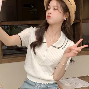 TEMU 여성용 달콤한 스타일 폴로 칼라 셔츠 - 여름 프랑스 영감을 받은 캐주얼 얇은 반팔 상의, 버튼 디테일, 슬리브리스, 캐주얼 웨어 | 반팔 상의 | 건축|나시티|민소매