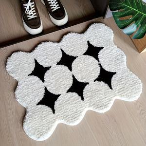 TEMU 1개 블랙 앤 화이트 포포인트 스타 욕실 매트 40x60cm (15.7x23.6인치) 부드럽고 편안한 롱 플러시 미끄럼 방지 흡수 욕실 러그, 침실, 거실, 주방 현관 카펫, 신상, 욕실 장식, 바닥 매트, 실내용 러그, 침실 데코