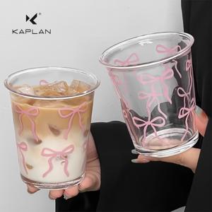 TEMU 2개 세트, 카플란 우아한 리본 디자인 유리 커피컵, 투명 유리잔, 캡푸치노/티/이탈리아식 커피/라떼용, 생일 및 휴일 선물로 적합, 손세척 전용, 재사용 가능, 다목적