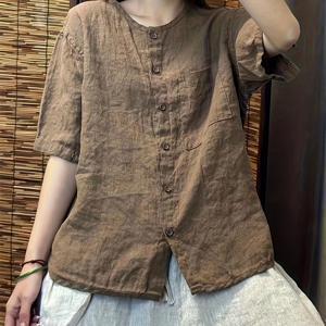 TEMU 여성용 빈티지 스타일 솔리드 컬러 리넨 블라우스 - 루즈핏 라운드 넥 반팔 풀오버, 통기성 좋은 캐주얼 & 오피스웨어, 봄 여름 가을 계절용, 고급 심플 스타일, 신축성 없는 원단|린넨|여름블라우스|반팔블라우스