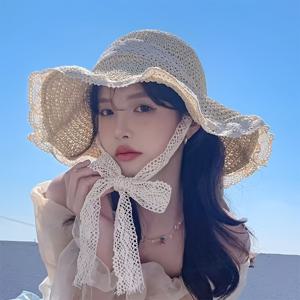 TEMU 1pc 여성 프랑스 스타일 스트로햇, 새로운 여름 2025 통기성 레이스 홀로우 아웃 모자, 비치 모자, 여성 태양 하