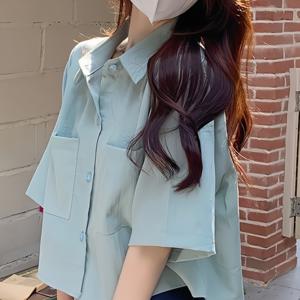 TEMU 여성용 캐주얼 반팔 셔츠 - 연한 파란색 단색 버튼업 블라우스, 봄 여름 가을용 편안핏 폴리에스터 상의, 다용도 캐주얼 의상, 루즈핏, 세탁기 사용 가능