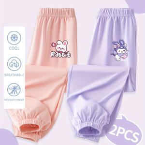 TEMU 미안지 브랜드 여아용 여름 바지 2개 세트 - 귀여운 토끼 프린트, 가벼우면서 통기성 좋은 빠른 건조, 신축성 있는 허리 밴드, 3세 이상 소녀를 위한 편안한 핏, 캐주얼 아웃도어 플레이 & 일상복, 피부 친화적 원단, 야외 활동에 적합