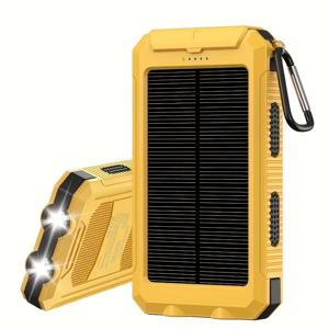 TEMU 10000mAh 휴대용 태양광 충전기, LED 손전등 및 자이로, 2개의 USB 출력 포트, Type-C 및 Micro USB 입력, 내구성 있는 노란색 및 검정색 디자인, 야외 비상 사용에 이상적, 야외 파워 뱅크 | 내구성 있는 파워 뱅크 | 컴팩트 파워 뱅크|보조배터리|나침반|C타입충전기