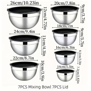 TEMU 7개 스테인레스 스틸 믹싱 볼과 뚜껑 - 14개 세트, 0.5QT/1.5QT/2QT/2.5QT/3.5QT/4QT, 녹방성, 식기세척기 안전, 샐러드 준비, 계란 뚝배기, 주방 사용에 적합, 주방 필수품 | 현대 주방 용품 | 내구성 있는 주방 용품