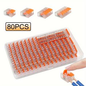 TEMU 80개 전기 퀵 커넥터, 레버 와이어 너트 커넥터 어소트먼트 키트, DIY 와이어 커넥터 (28-12 AWG), 2/3/4/5 포트 푸시인 전기 연결 터미널, 플러그인 연결 터미널 블록, 미니 빠른 와이어 커넥터, 케이블 종단