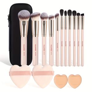 TEMU MAANGE 11pcs 메이크업 브러시 + 4pcs 하트 모양 공기 쿠션 파우더 퍼프 + 메이크업 가방 세트, 초보자용, 휴대용 메이크업 도구, 일상 여행, 파티, 여성 선물에 적합