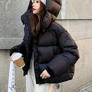 TEMU 여성용 편안한 검은색 퍼퍼 재킷 - 따뜻한 긴 소매 겨울 코트, 캐주얼 스타일, 퍼플드 하hem, 다중 포켓, 스트레치되지 않은 원단, 추운 날씨에 완벽, 겨울 코트