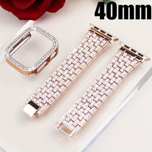 TEMU 애플워치 40mm 41mm 42mm 44mm 45mm 46mm용 콤비네이션 세트 풀 스트랩 + 더블 드릴 홀로우 쉘, 유리 스크린 프로텍터 없는 반짝이는 라인스톤 스트랩 및 낙하 방지 스크래치 보호 PC 케이스, iWatch SE 시리즈 9/8/7/6/5/4에 적합한 패셔너블 여성용 교체 가능한 메탈 밴드
