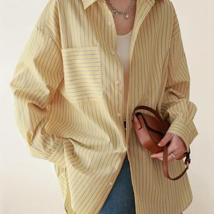 TEMU 여성용 캐주얼 긴팔 셔츠 - 연두색 & 흰색 세로 줄무늬, 스퀘어 칼라 버튼업 블라우스, 기계세탁 가능 사계절 레이어링 탑, 비침 방지 원단, 다용도 블라우스, 클래식 , 통기성 소재, 버튼다운 블라우스