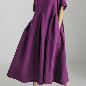 TEMU 우아한 보라색 미디 드레스 - 여유로운 핏, 반팔, 라운드 넥, 벨트 없음, 봄과 여름에 완벽한 여성용 패션, 캐주얼한 의상|우아한 소매 없음|편안한 핏, 대형 드레스
