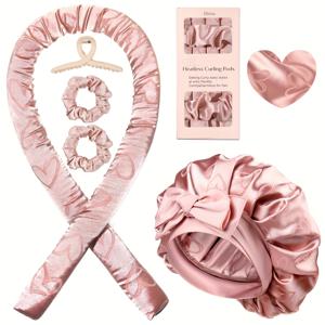 TEMU Ellitina 5pcs No-Heat 헤어 컬러 세트 - 하트 & 단색 디자인 - 새틴 수면 보넷 & 헤드밴드 - 야간 컬러 | 조절 가능한 DIY 안전 컬링 로드, 완벽한 어머니의 날 선물 (하이포알러지/긴 머리 친화적/다양한 스타일 옵션)|머리띠