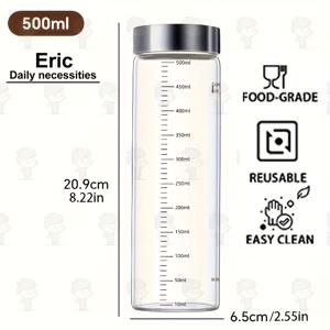 TEMU 스테인리스 스틸 뚜껑이 있는 고품질 보로실리케이트 유리컵, 재사용 가능, 눈금 표시, 뜨거운 음료 및 차가운 음료에 적합, 다목적 휴대용 물병, 식기세척기 사용 가능, 여행 및 주방용 완벽한 제품