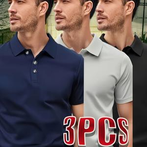 TEMU 남성용 여름 패션 티셔츠 3개 세트 - 해군색, 흰색, 검정색의 스타일리시한 반팔 폴로 셔츠, 일상 생활, 운동, 달리기, 여행, 비즈니스에 적합한 편안한 소재, 일상적인 편안함을 제공하는 의류 | 현대적인 캐주얼 의류 | 편안한 핏